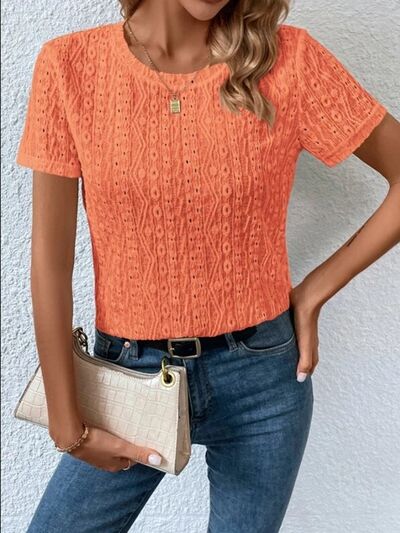 Eyelet Round Neck Short Sleeve T-Shirt - Charming Charlie