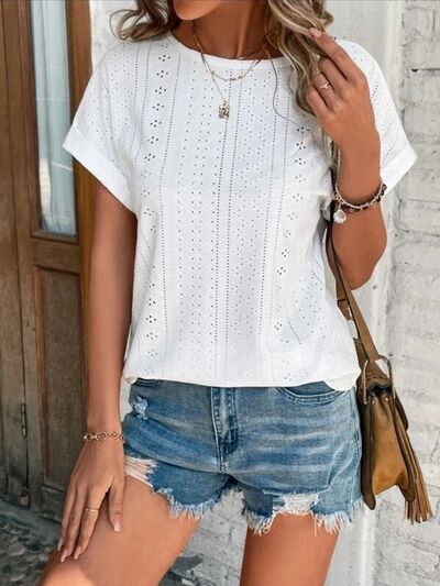Eyelet Round Neck Short Sleeve T-Shirt - Charming Charlie