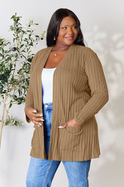 Basic Bae Full Size Ribbed Open Front Cardigan with Pockets - Charming Charlie