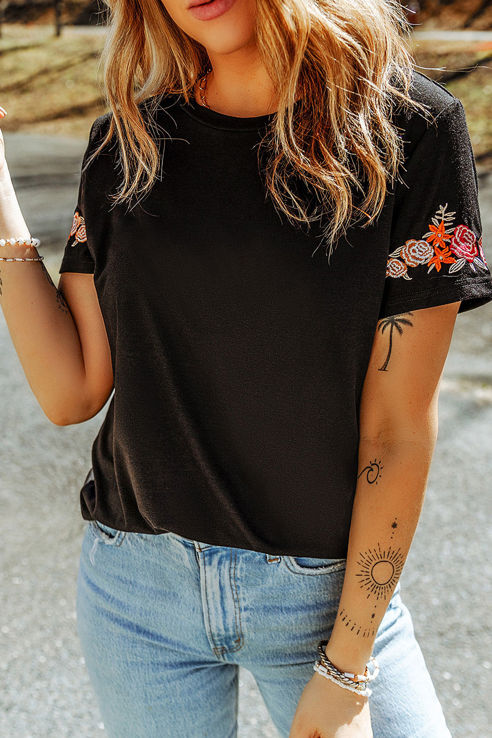 Embroidered Round Neck Tee Shirt - Charming Charlie
