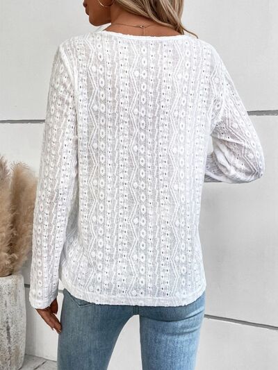 Openwork Half Button Long Sleeve Blouse - Charming Charlie