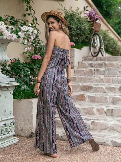 Tied Printed Tube Wide Leg Jumpsuit - Charming Charlie