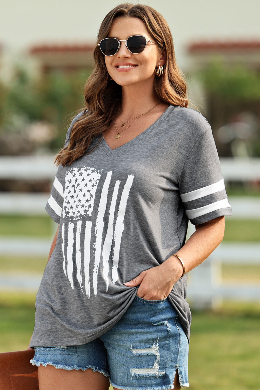 Plus Size US Flag Graphic V-Neck Tee - Charming Charlie