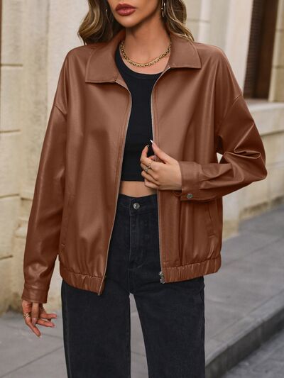 Pocketed Zip Up Collared Neck Jacket - Charming Charlie