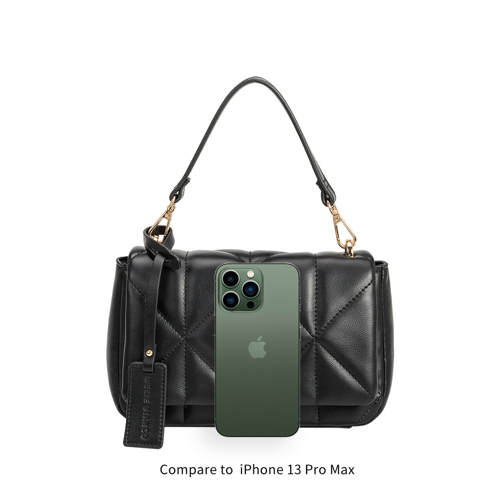 An iphone 13 pro size comparison image for a quilted vegan leather crossbody bag with gold hardware.