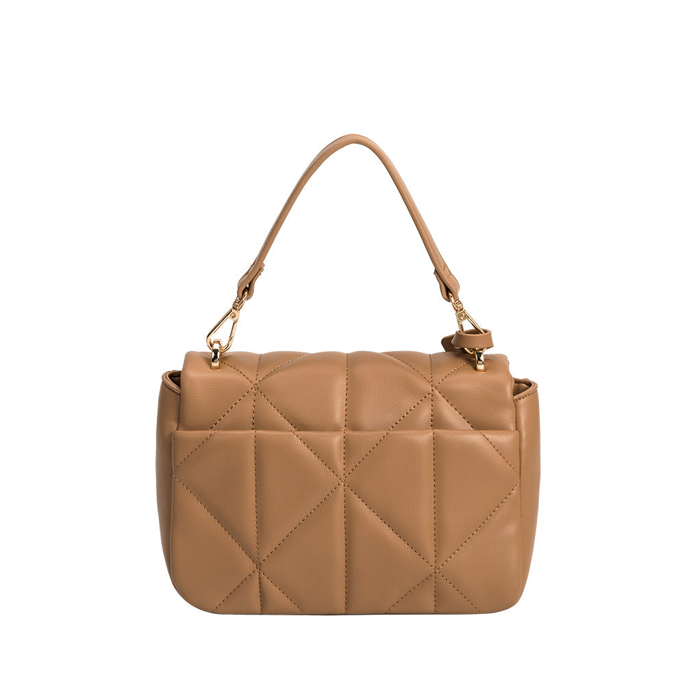 A camel quilted vegan leather crossbody bag with gold hardware.