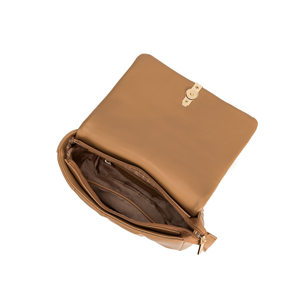 A camel quilted vegan leather crossbody bag with gold hardware.