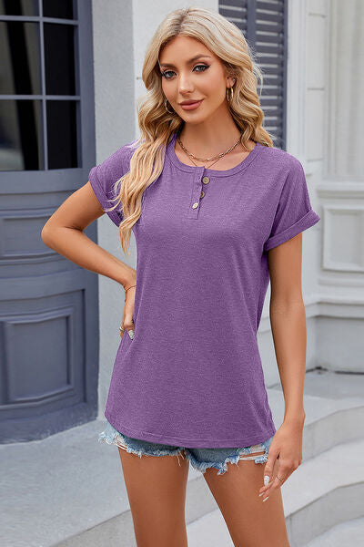 Round Neck Rolled Short Sleeve T-Shirt - Charming Charlie