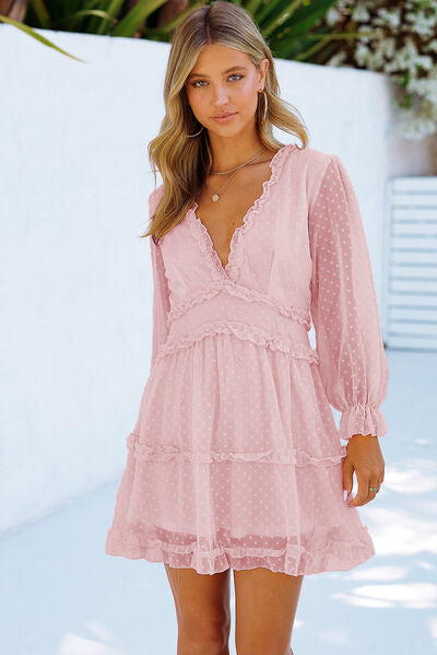 Swiss Dot Frill V-Neck Mini Dress - Charming Charlie