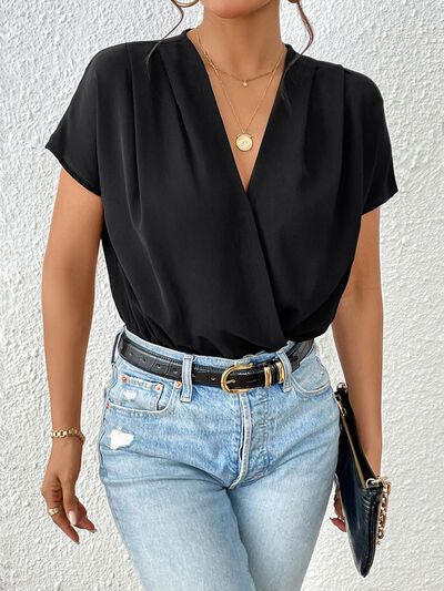 Surplice Short Sleeve Ruched Bodysuit - Charming Charlie