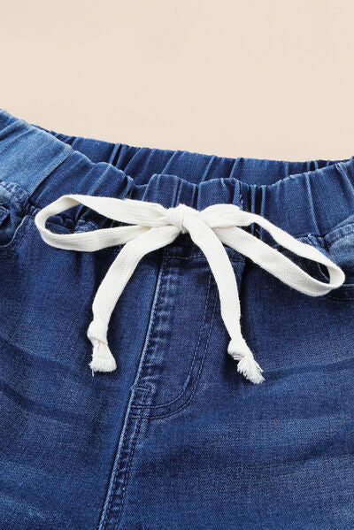 Drawstring Distressed Raw Hem Jeans with Pockets - Charming Charlie