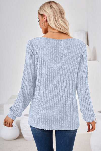 Ribbed Square Neck Long Sleeve T-Shirt - Charming Charlie