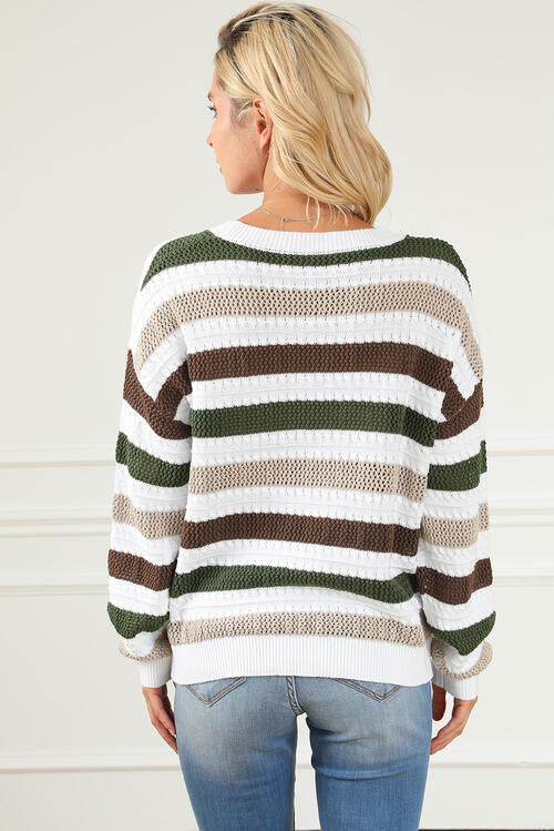 Striped Openwork Dropped Shoulder Sweater - Charming Charlie