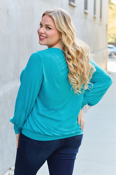 Basic Bae Full Size V-Neck Lantern Sleeve Blouse - Charming Charlie