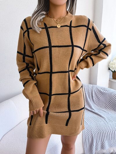 Plaid Round Neck Dropped Shoulder Sweater Dress - Charming Charlie