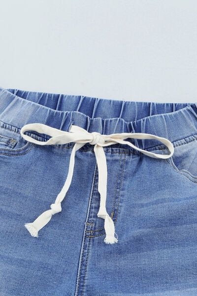 Drawstring Distressed Raw Hem Jeans with Pockets - Charming Charlie
