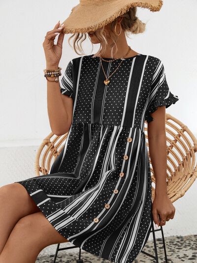 Striped Polka Dot Frill Short Sleeve Mini Dress - Charming Charlie