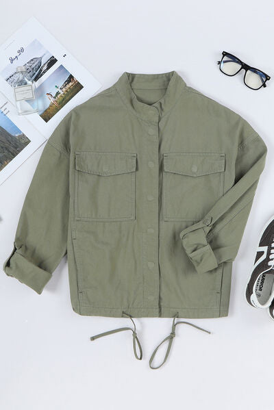 Drawstring Snap Down Dropped Shoulder Denim Jacket - Charming Charlie