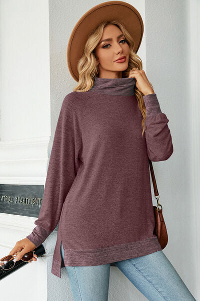 Slit Mock Neck Long Sleeve T-Shirt - Charming Charlie