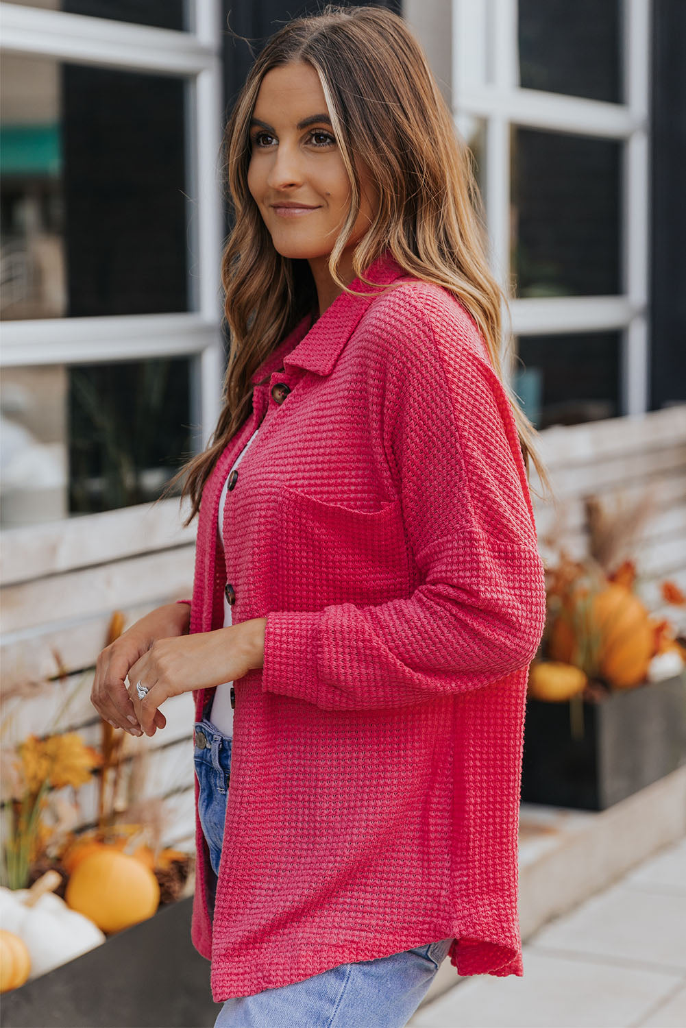 Waffle-Knit Collared Neck Dropped Shoulder Shirt - Charming Charlie