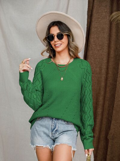 Openwork Round Neck Raglan Sleeve Sweater - Charming Charlie