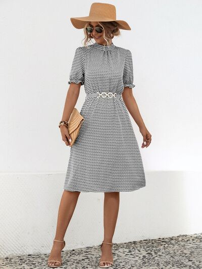 Printed Mock Neck Flounce Sleeve Dress - Charming Charlie