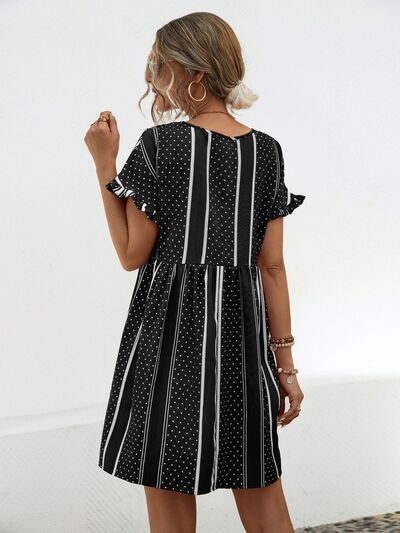 Striped Polka Dot Frill Short Sleeve Mini Dress - Charming Charlie