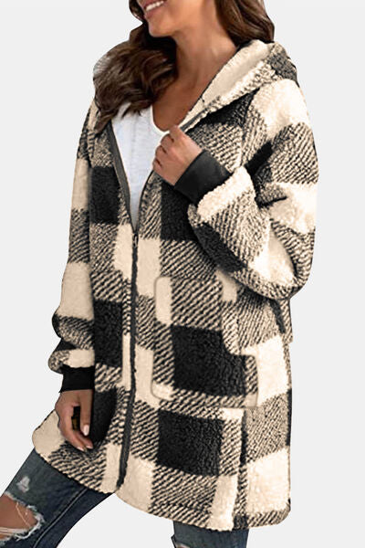 Double Take Full Size Plaid Long Sleeve Hooded Coat - Charming Charlie