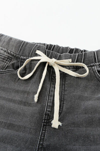 Drawstring Distressed Raw Hem Jeans with Pockets - Charming Charlie