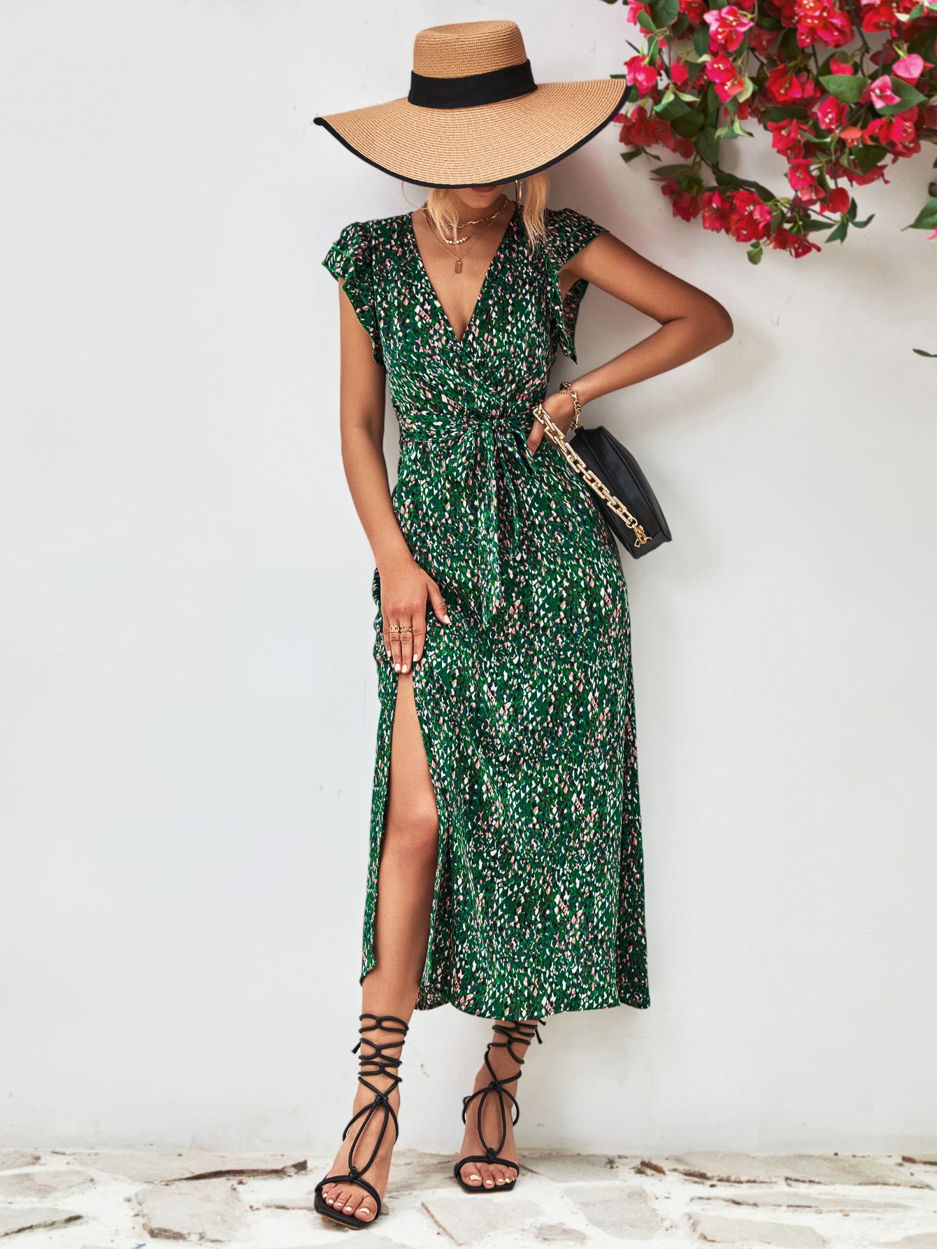 Printed Surplice Neck Flutter Sleeve Slit Dress - Charming Charlie