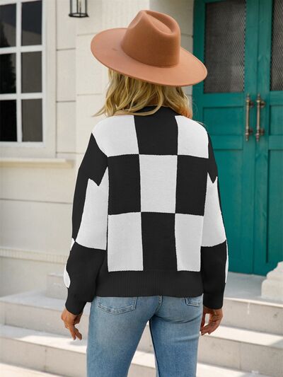 Checkered Round Neck Dropped Shoulder Sweater - Charming Charlie