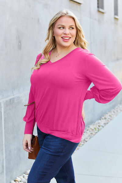 Basic Bae Full Size V-Neck Lantern Sleeve Blouse - Charming Charlie
