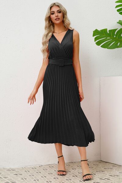 Surplice Sleeveless Midi Pleated Dress - Charming Charlie