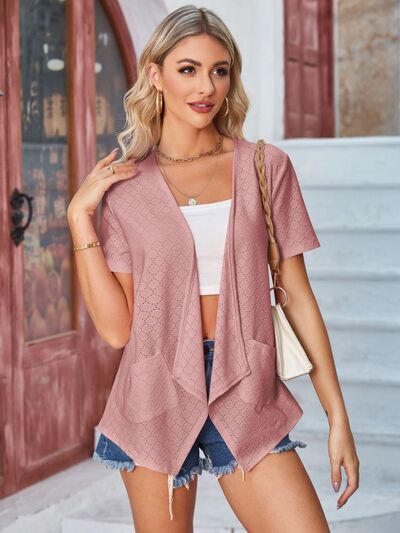 Eyelet Open Front Short Sleeve Cover Up - Charming Charlie