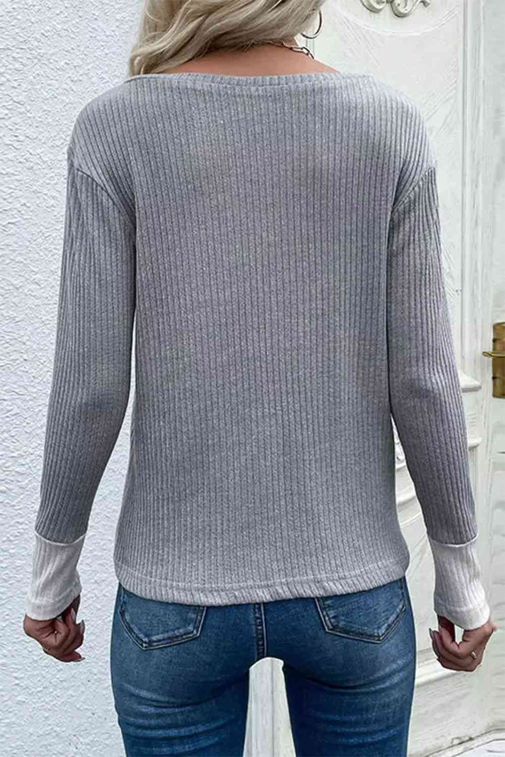 Color Block V-Neck Ribbed Top with Pocket - Charming Charlie