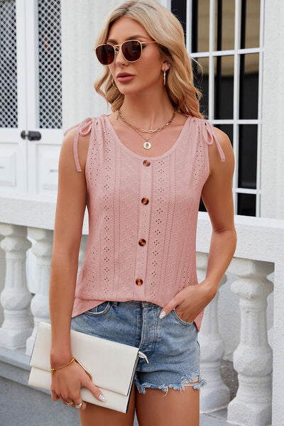 Eyelet Round Neck Wide Strap Tank - Charming Charlie