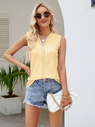 Eyelet Lace Detail V-Neck Tank - Charming Charlie