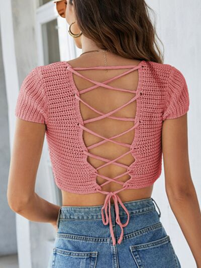 Lace-Up Openwork Square Neck Sweater - Charming Charlie