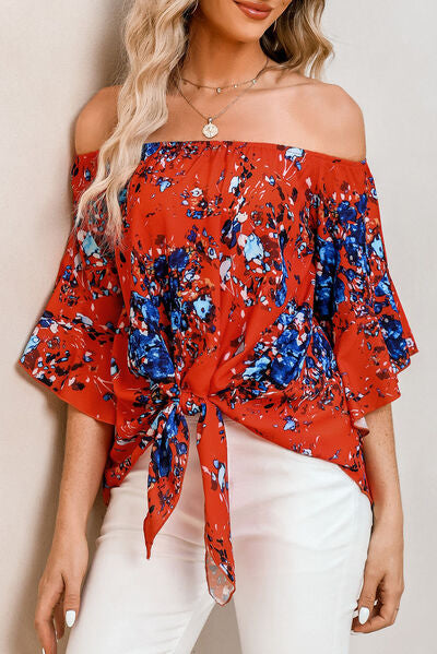 Tied Printed Off-Shoulder Half Sleeve Blouse - Charming Charlie