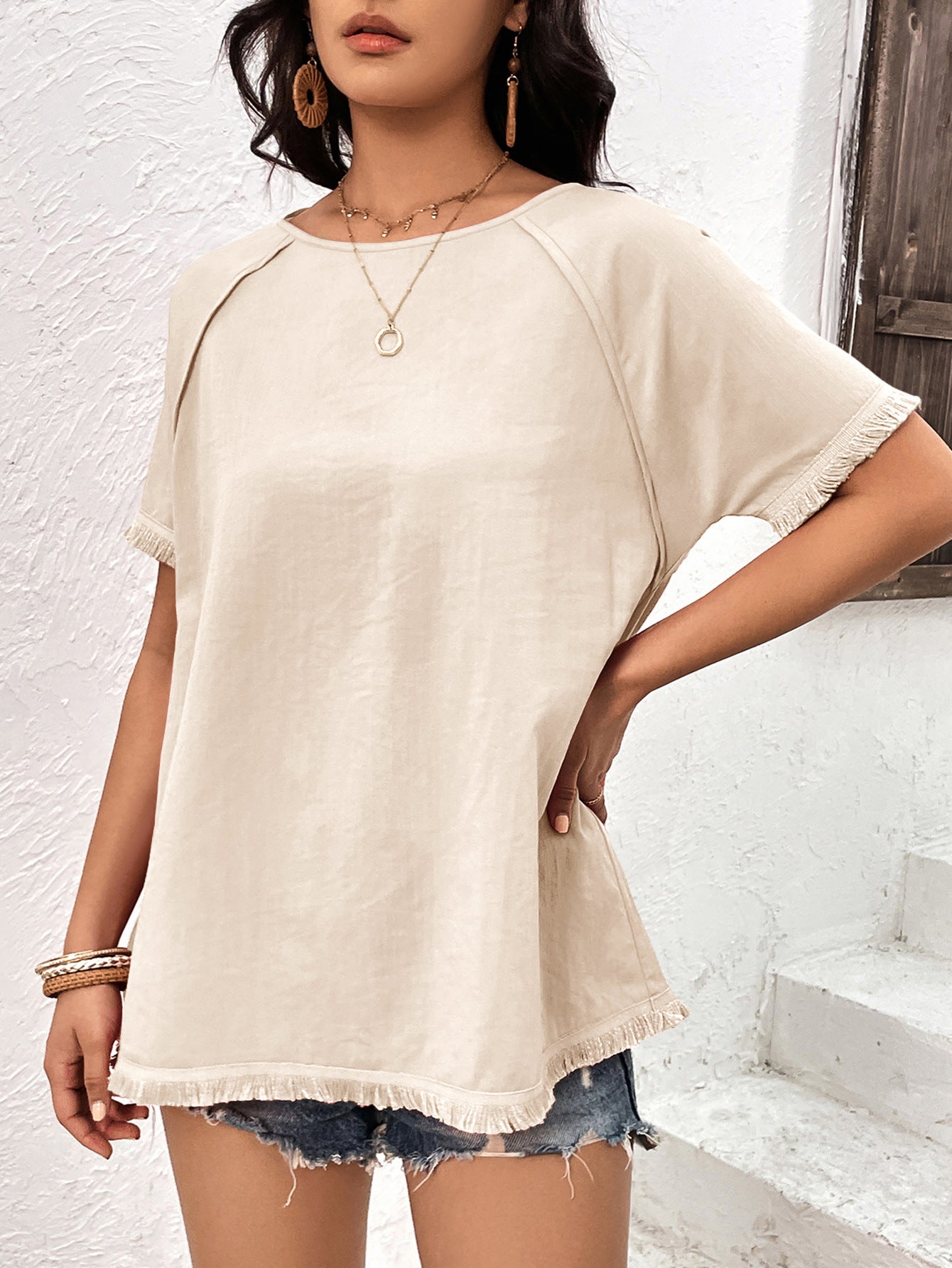 Round Neck Raglan Sleeve Fringe Detail Top - Charming Charlie