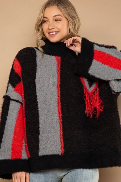 POL Turtleneck Color Block Fringe Detail Sweater - Charming Charlie