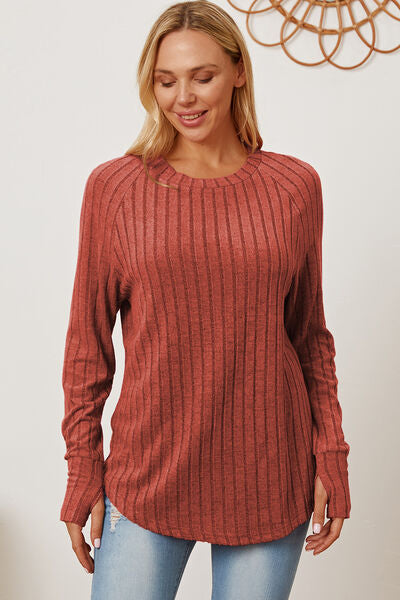 Basic Bae Full Size Ribbed Thumbhole Sleeve T-Shirt - Charming Charlie