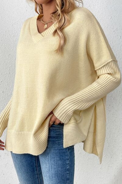 Slit V-Neck Dropped Shoulder Sweater - Charming Charlie