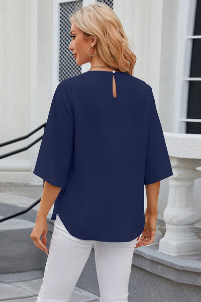 Round Neck Slit Half Sleeve Top - Charming Charlie