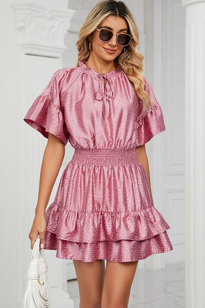 Smocked Tie Neck Flounce Sleeve Dress - Charming Charlie