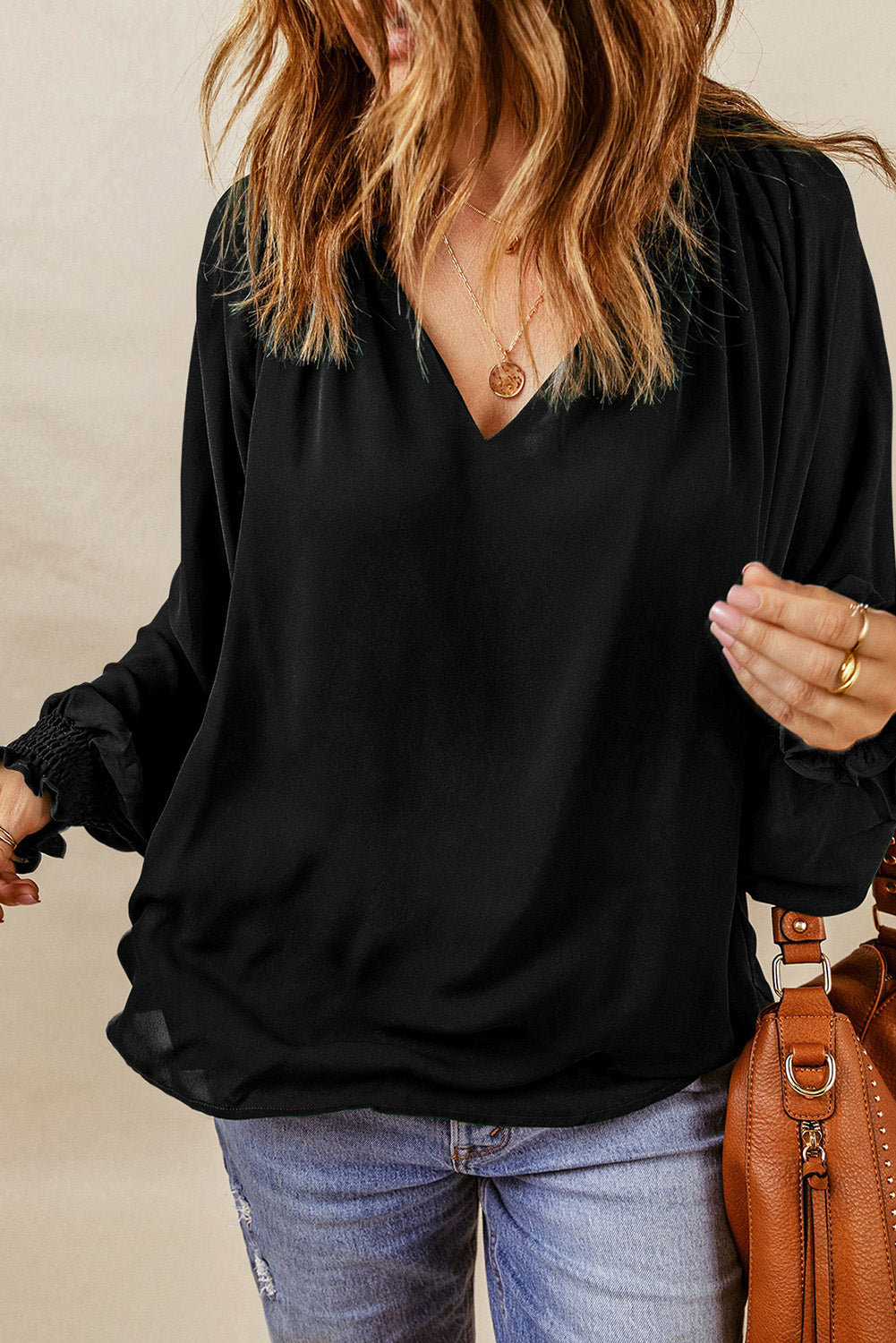 Notched Neck Lantern Sleeve Blouse - Charming Charlie