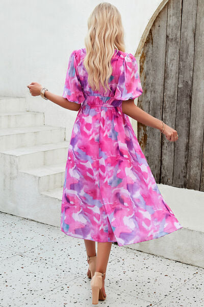 Smocked Printed V-Neck Short Sleeve Dress - Charming Charlie