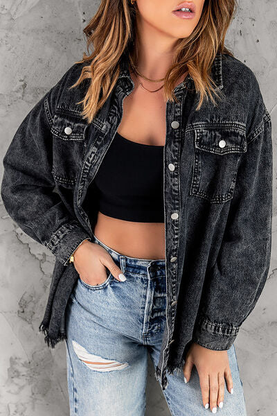 Button Up Pocketed Raw Hem Denim Jacket - Charming Charlie