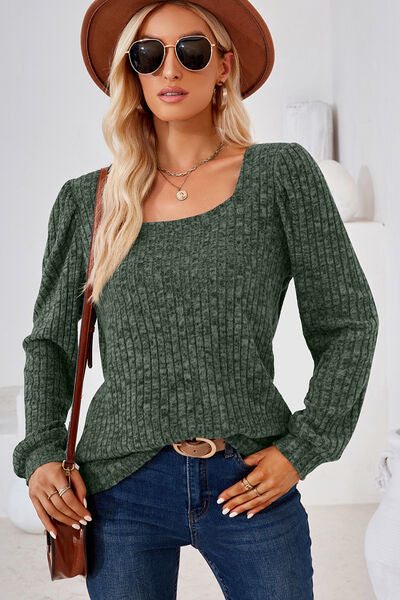 Ribbed Square Neck Long Sleeve T-Shirt - Charming Charlie