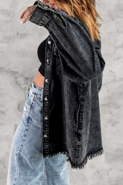 Button Up Pocketed Raw Hem Denim Jacket - Charming Charlie